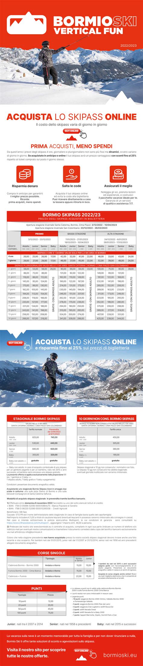 Infografica con le tariffe degli skipass estivi per fasce d'età