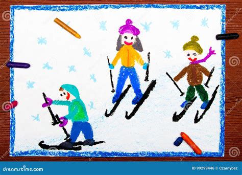 Illustrazione di bambini che imparano a sciare con un maestro in un ambiente innevato.