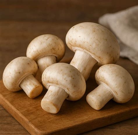 Funghi champignon freschi con gambo corto e cappello bianco