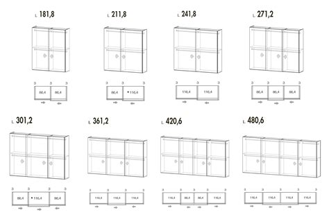Schema di modularità degli armadi Grafi con indicazione delle varianti di altezza, larghezza e profondità.