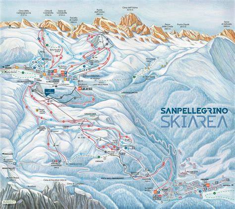 Panorama invernale della Ski Area San Pellegrino con piste innevate e montagne circostanti