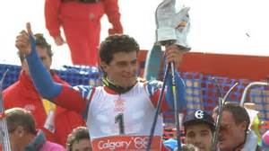 Alberto Tomba festeggia una vittoria sulla 3Tre