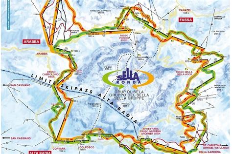 Mappa schematica degli itinerari arancione e verde del Sellaronda
