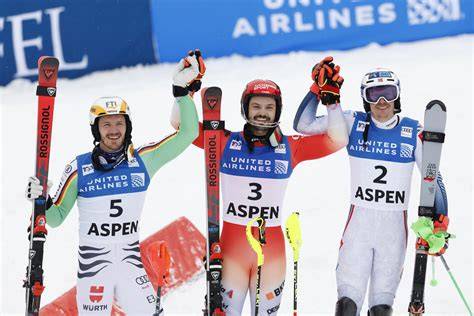 Podio dello slalom di Aspen con Meillard, Strasser e Kristoffersen
