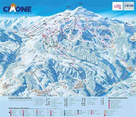Mappa delle piste dell'area sciistica di Folgaria-Lavarone con indicazione delle diverse sottozone e dei chilometri totali.