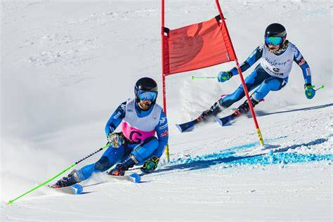 Atleta di sci alpino in azione con indosso protezioni dorsali, parastinchi e parabracci.