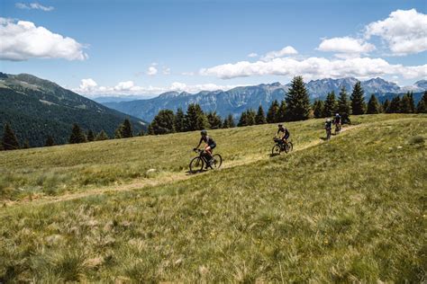 Ciclisti che pedalano su un sentiero di montagna con sfondo alpino