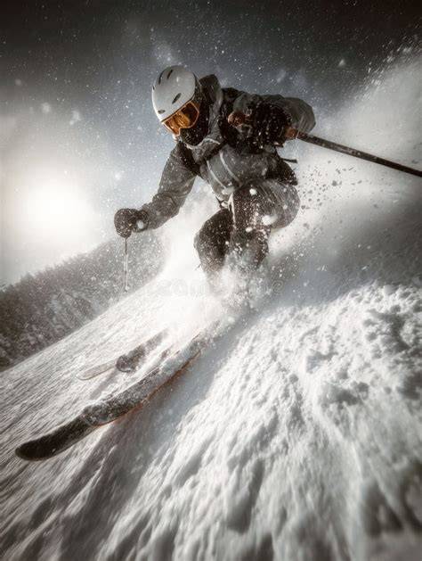 Action shot of a skier during a downhill race, emphasizing speed and the challenging course.