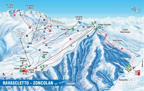 Schema delle piste del comprensorio sciistico Monte Zoncolan con indicazione dei livelli di difficoltà